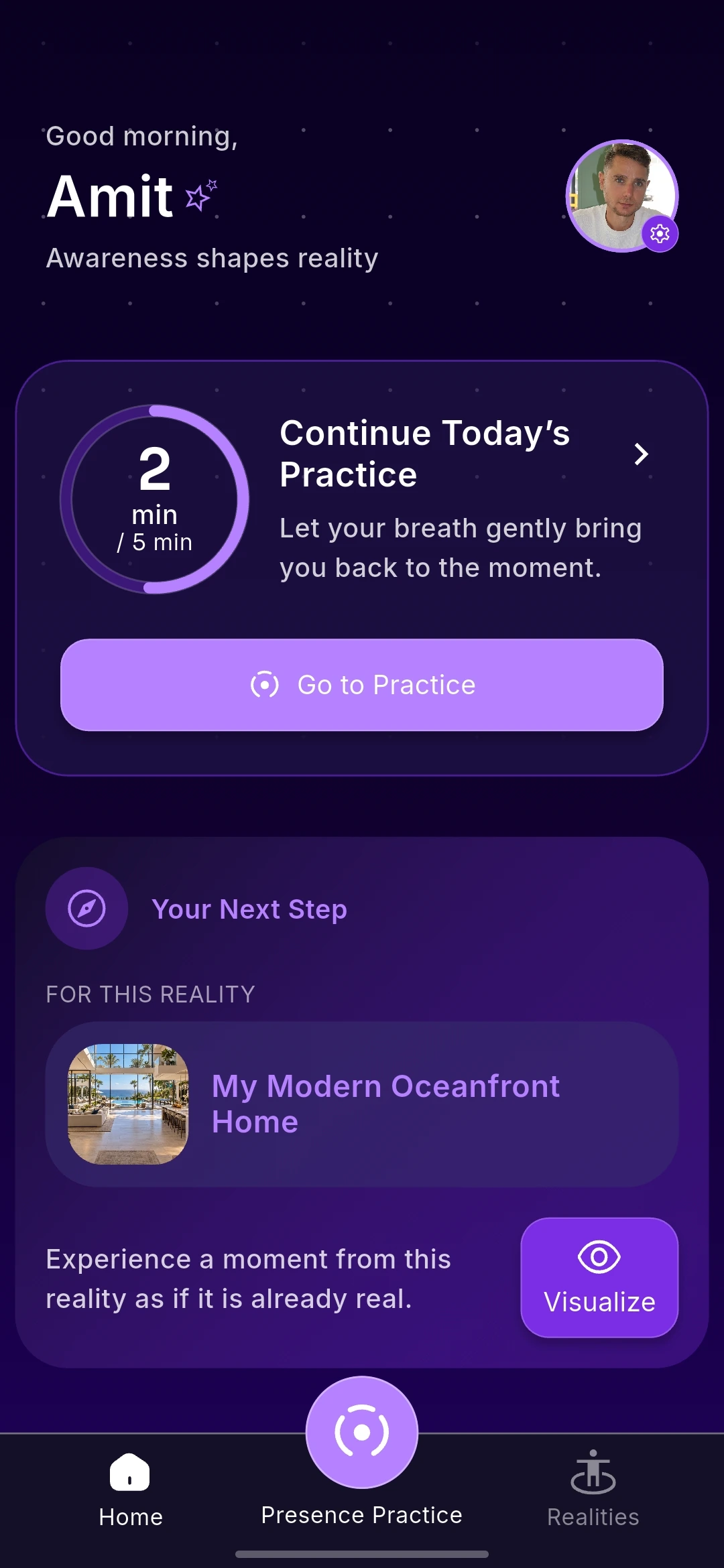 Bwake Home screen showing today's Presence Practice and next Reality step