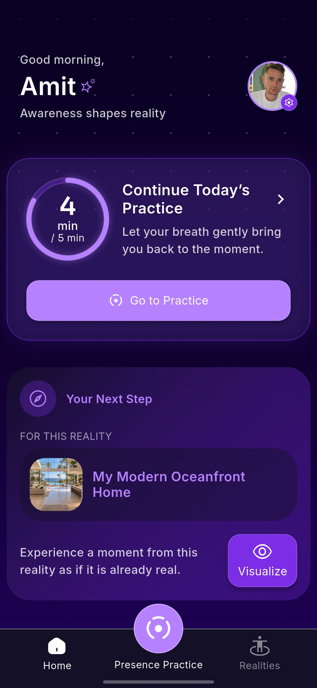 Bwake Home screen showing today's Presence Practice and next Reality step