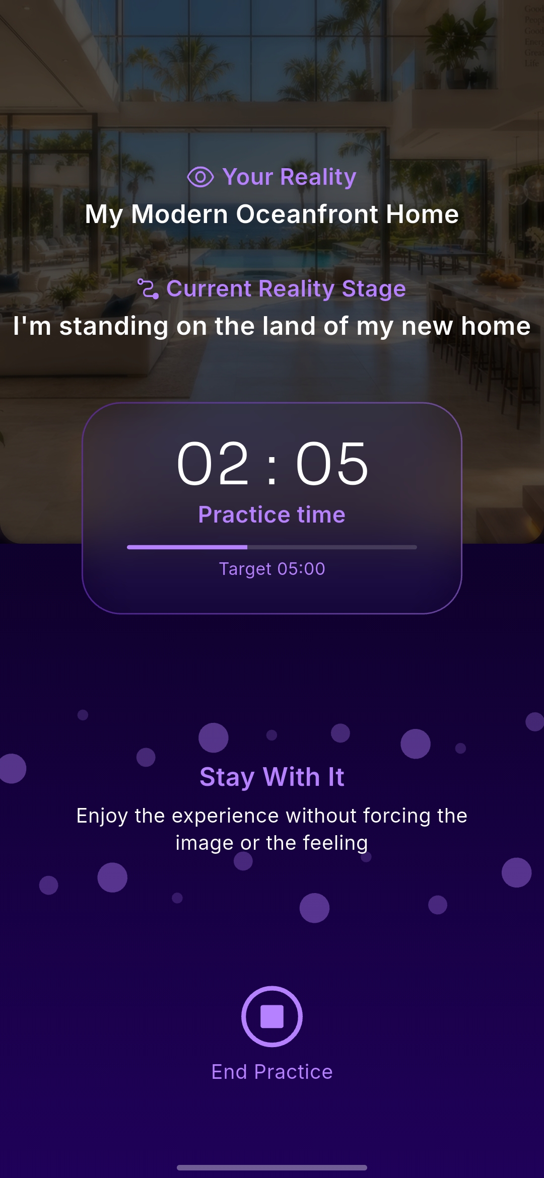 Bwake visualization practice screen for a chosen Reality
